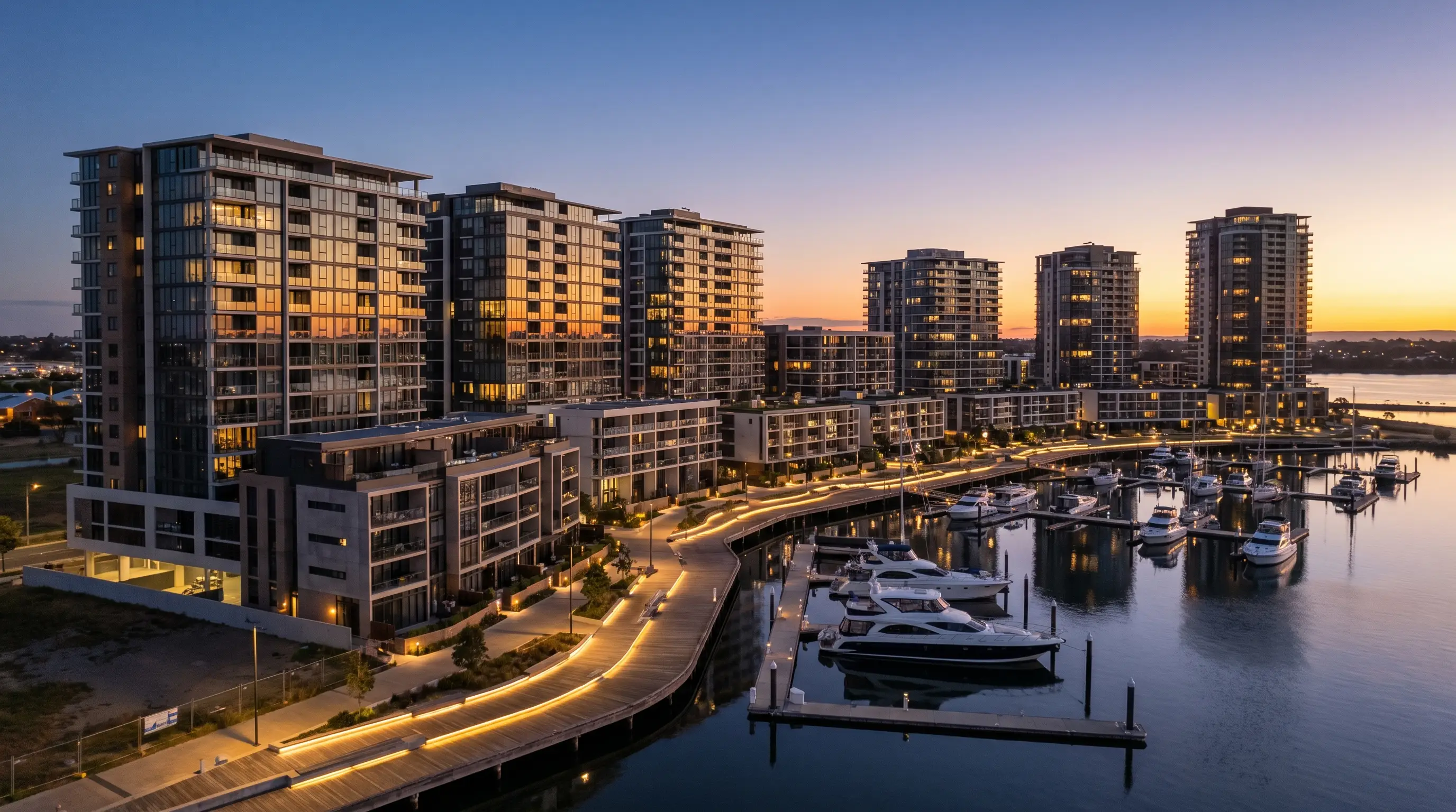 Northpoint waterfront · dusk aerial