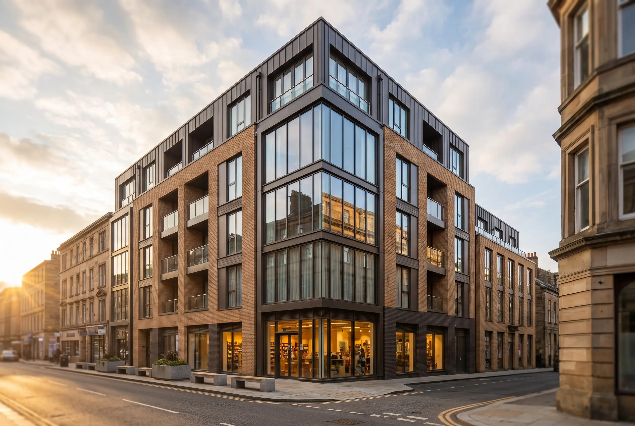 Mixed-use corner · street level