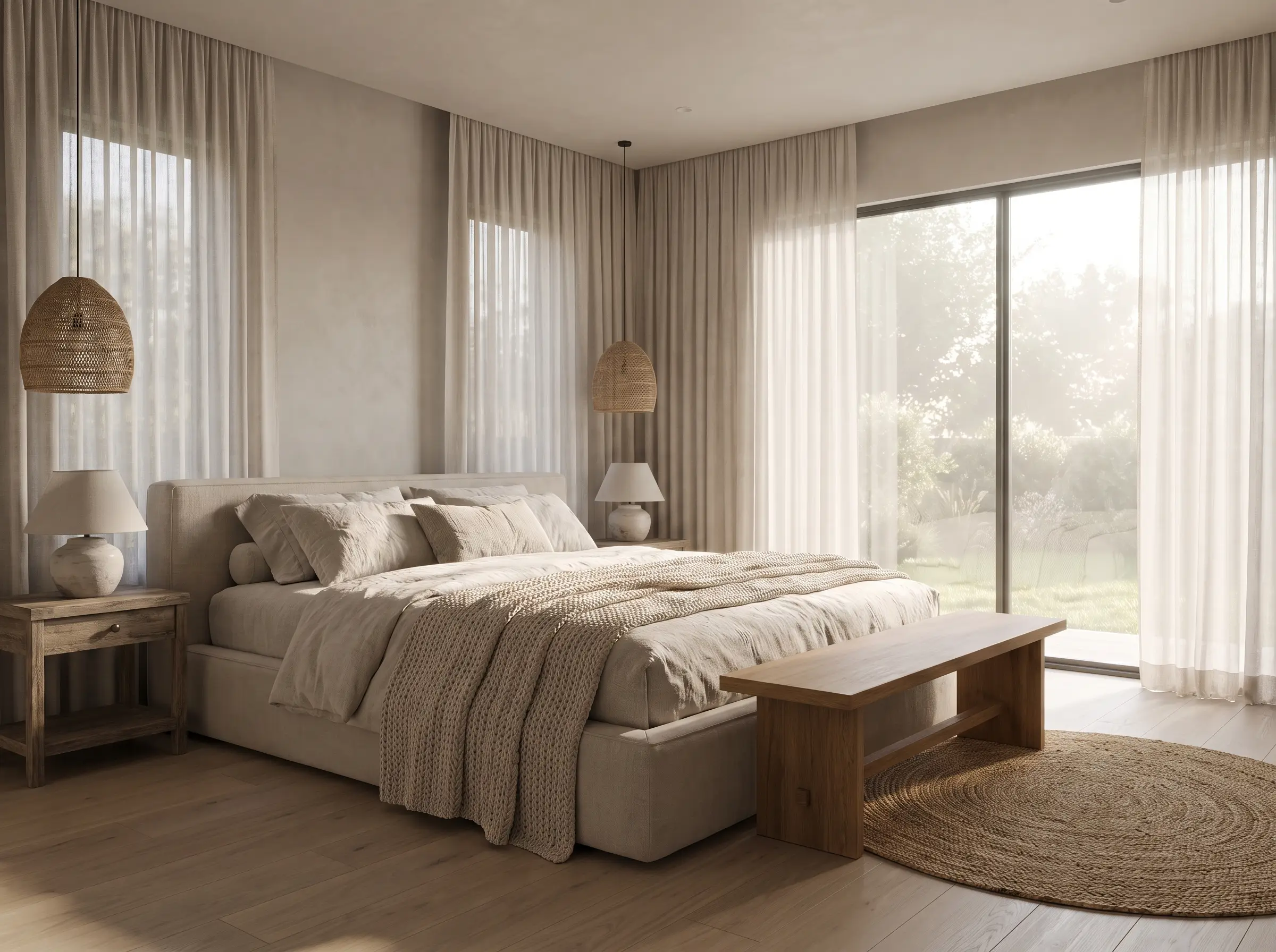 Primary bedroom · linen tones