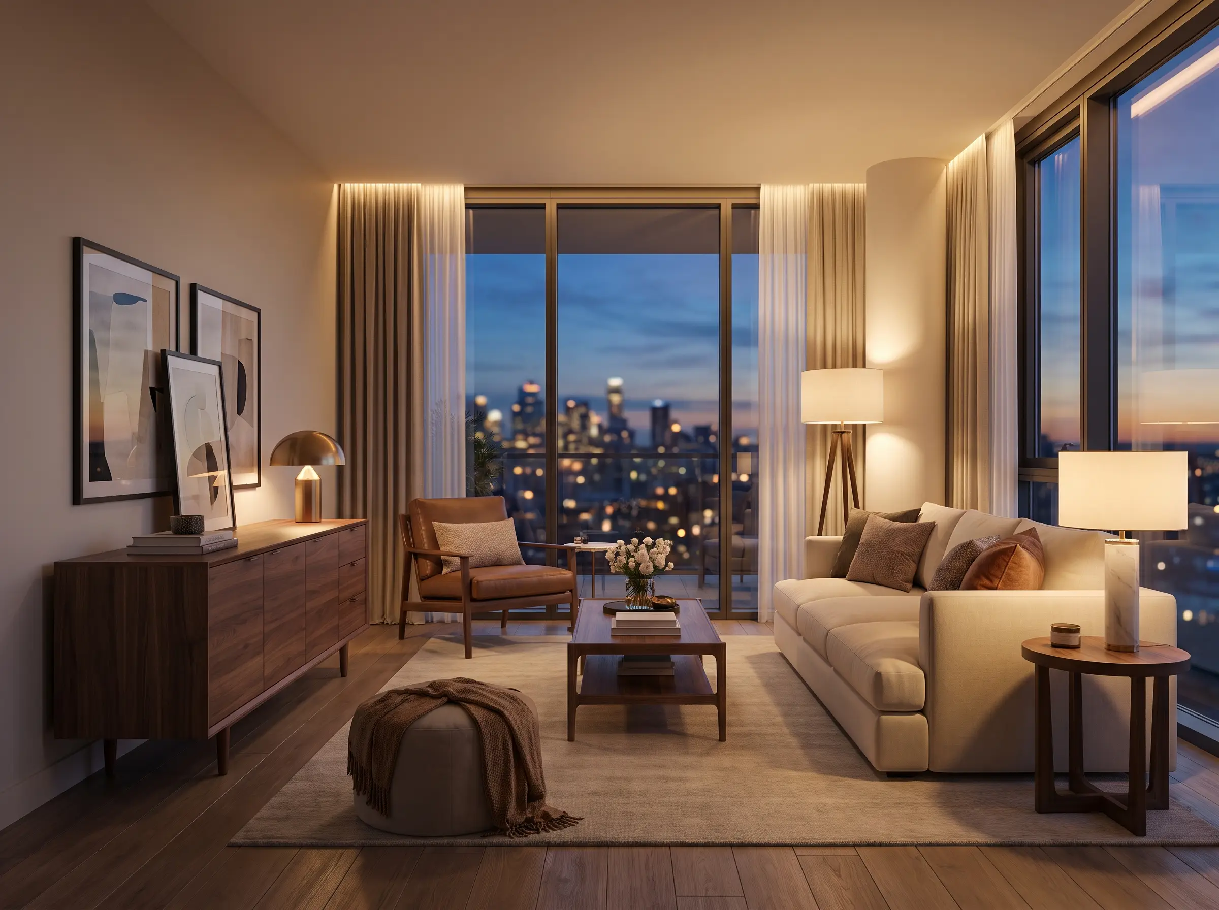Residential living room, dusk lamps · 4K
